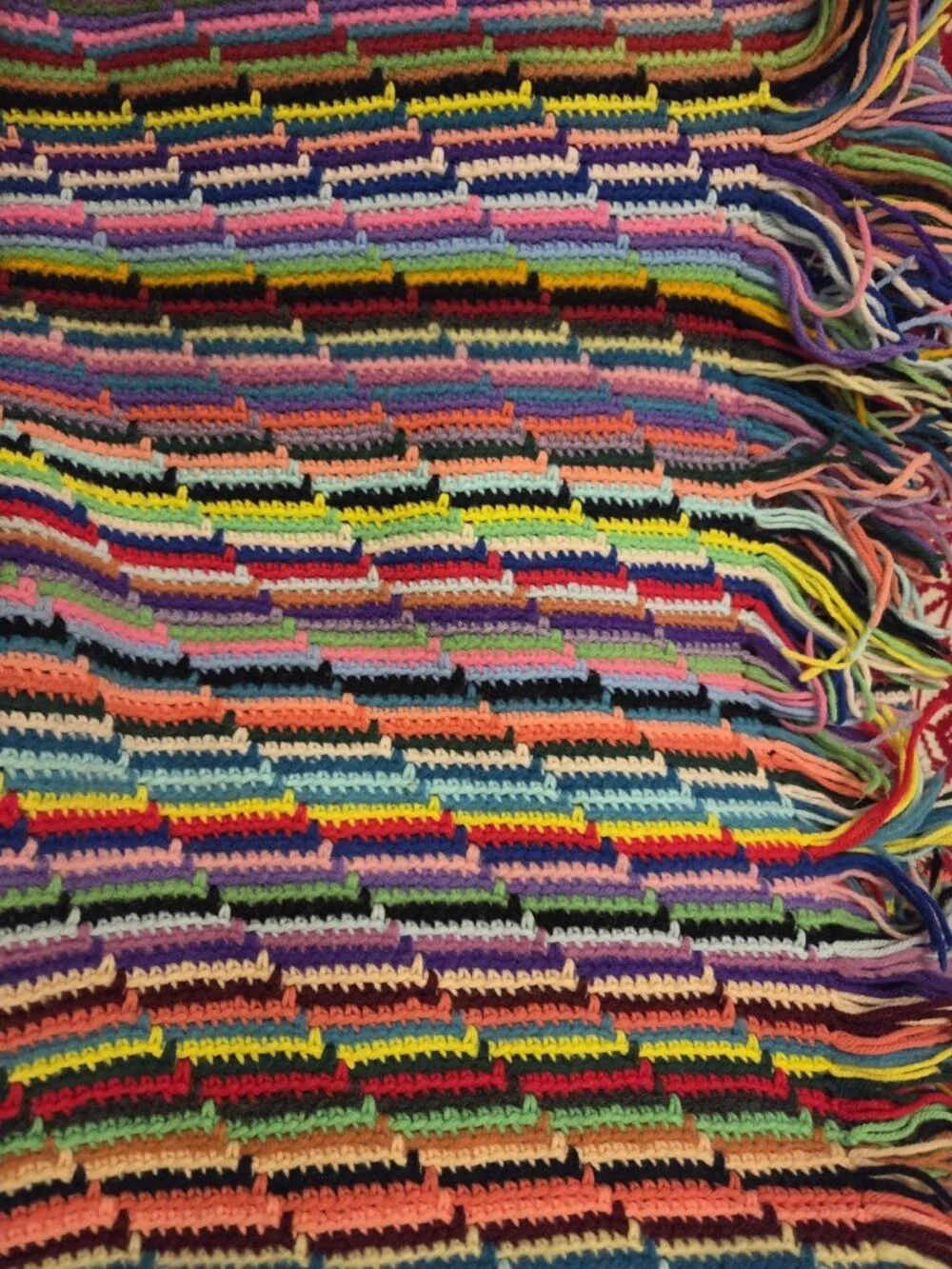 Vintage Colorful Hand Knit Crochet Granny Core Afgan Blanket Throw 42x84 Rainbow